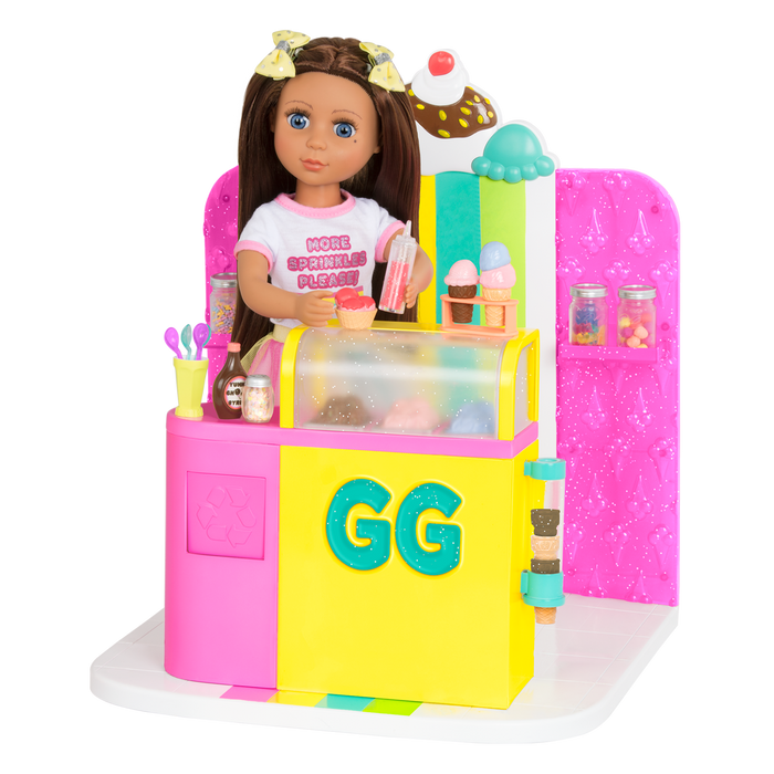 14-inch posable doll with brown hair and blue eyes