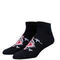 Black socks with red and white designs on a white background
