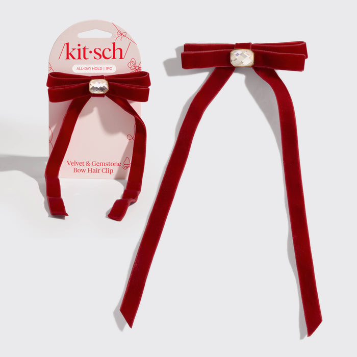 Kitsch Holiday Velvet & Gemstone Bow Hair Clip