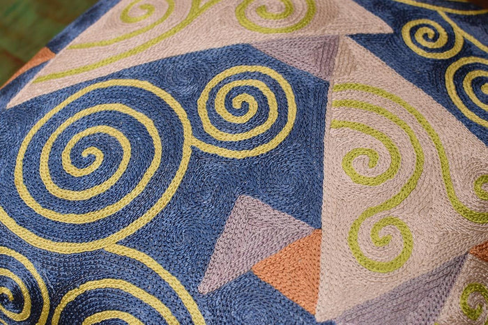 Klimt Cushion Cover Blue Jewel Tree IV Silk Hand Embroidered, 18"x18” - KashmirDesigns
