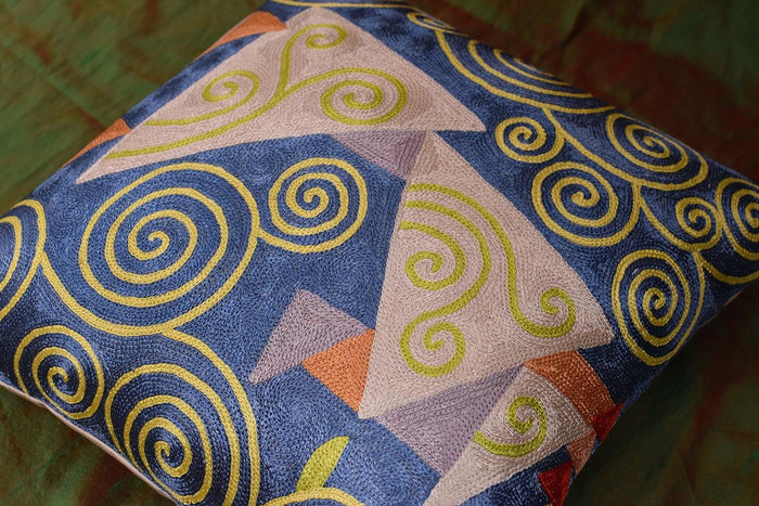 Klimt Cushion Cover Blue Jewel Tree IV Silk Hand Embroidered, 18"x18” - KashmirDesigns