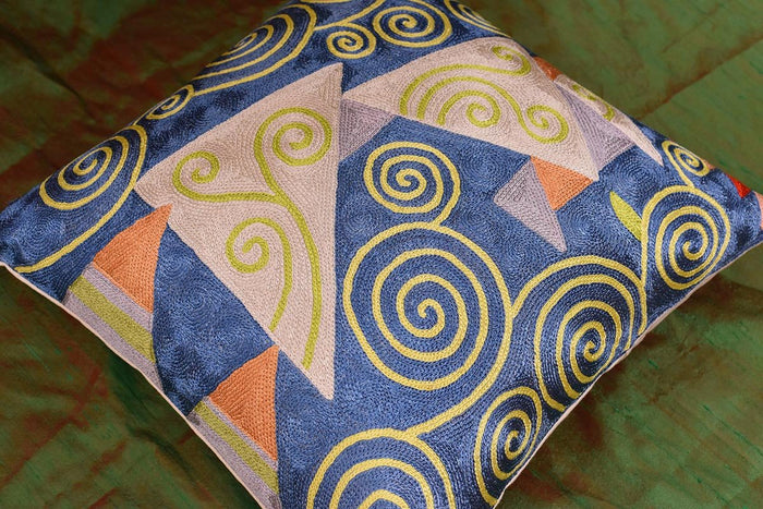 Klimt Cushion Cover Blue Jewel Tree IV Silk Hand Embroidered, 18"x18” - KashmirDesigns