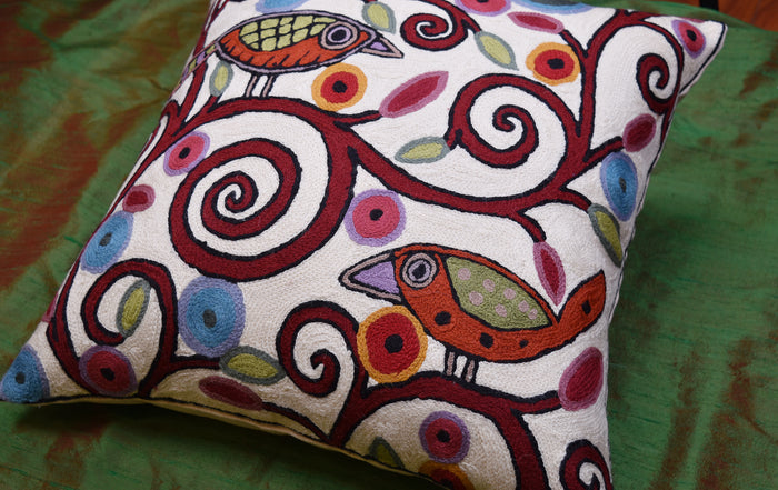 Klimt Ivory Pillow Cover Birds Tree of Life Cream Decorative Cushion Wool 18x18"