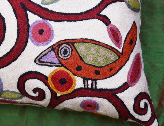 Klimt Ivory Pillow Cover Birds Tree of Life Cream Decorative Cushion Wool 18x18"