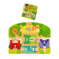 Booklet and board with animal illustrations and doors with locks and latches.