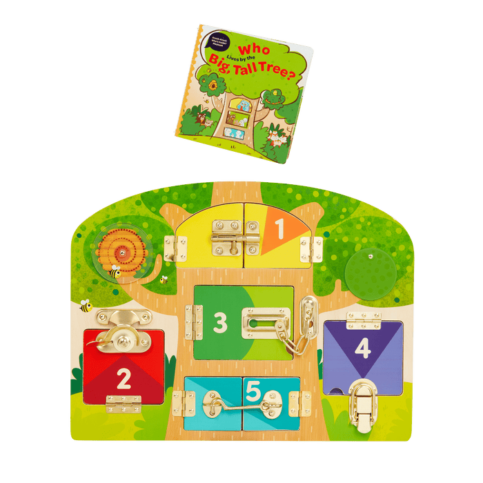 Booklet and board with animal illustrations and doors with locks and latches.