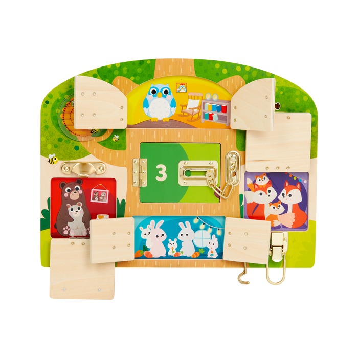 Booklet and board with animal illustrations and doors with locks and latches.