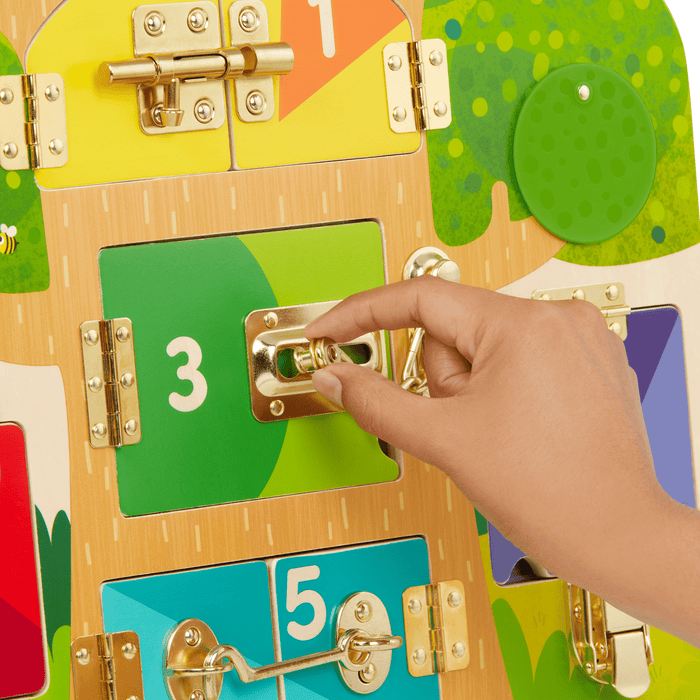 Booklet and board with animal illustrations and doors with locks and latches.