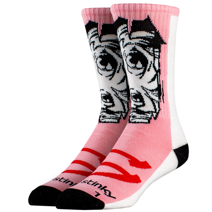 Pink socks with manga design on a white background
