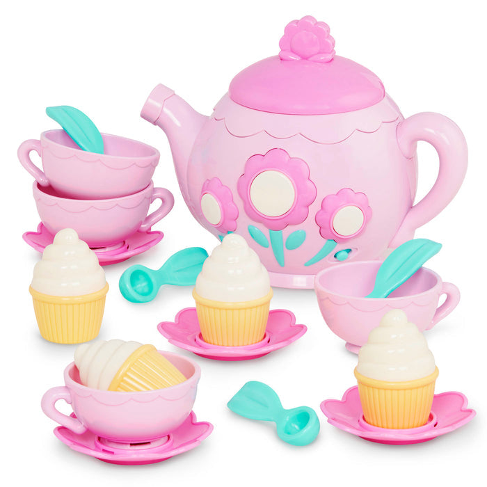 A toy tea set with toy cupcakes.