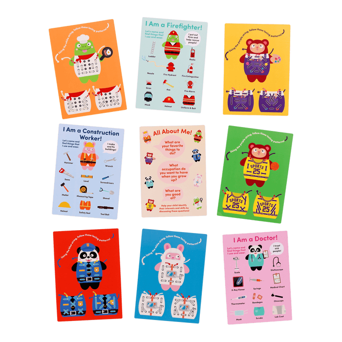 Colorful lacing animals playset with a booklet, picture book, and pattern matching cards.