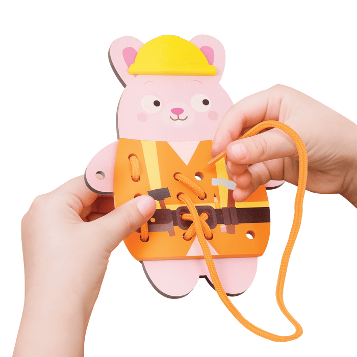 Colorful lacing animals playset with a booklet, picture book, and pattern matching cards.