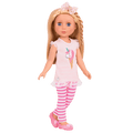 14-inch posable doll with blonde hair and purple eyes