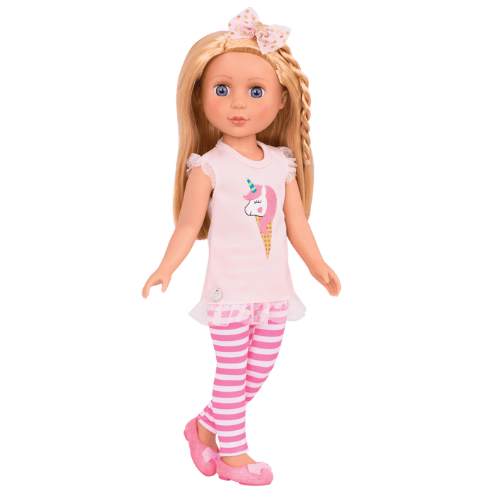 14-inch posable doll with blonde hair and purple eyes