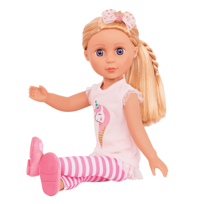 14-inch posable doll with blonde hair and purple eyes