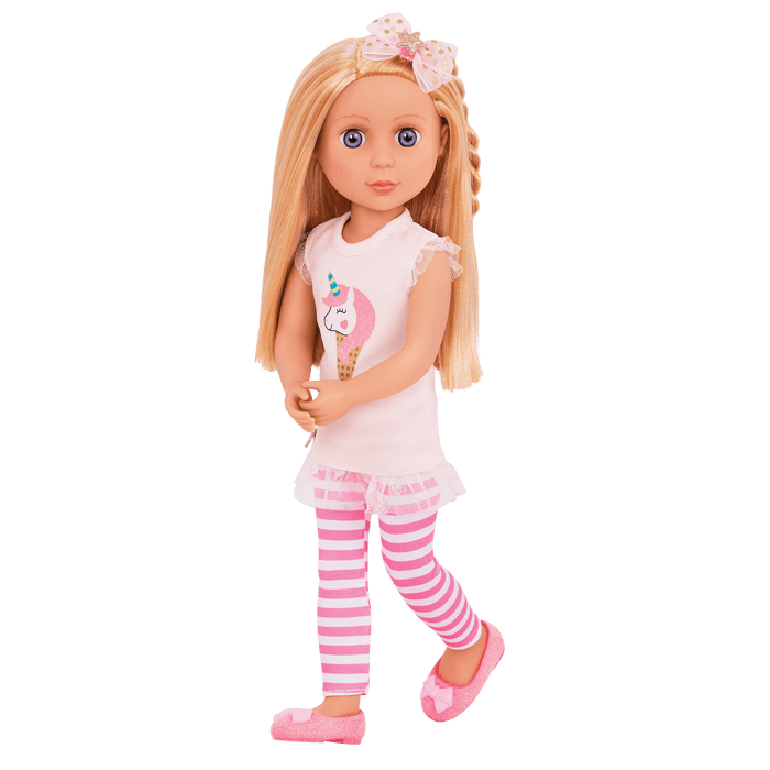 14-inch posable doll with blonde hair and purple eyes