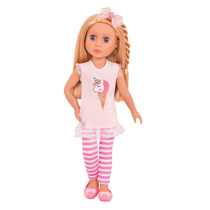 14-inch posable doll with blonde hair and purple eyes