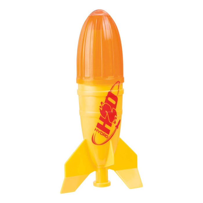The Lanard Dlx Liqui-Fly Hydro Rocket by Lanard is a yellow and orange plastic water rocket with three fins and a rounded top, ideal as a fun outdoor launch rocket and an educational STEM toy.