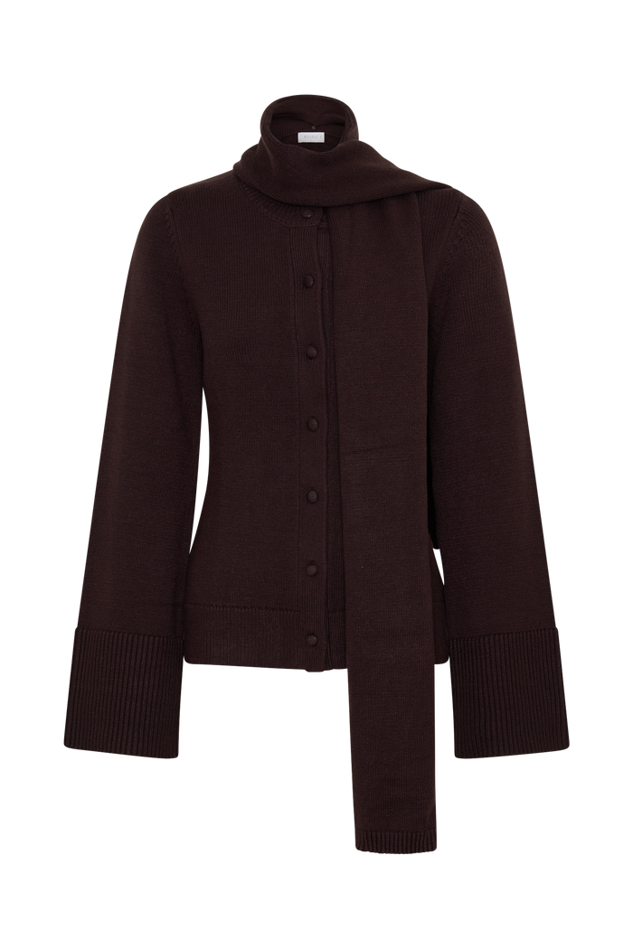 Lara Knit Cardigan With Scarf - Chocolate