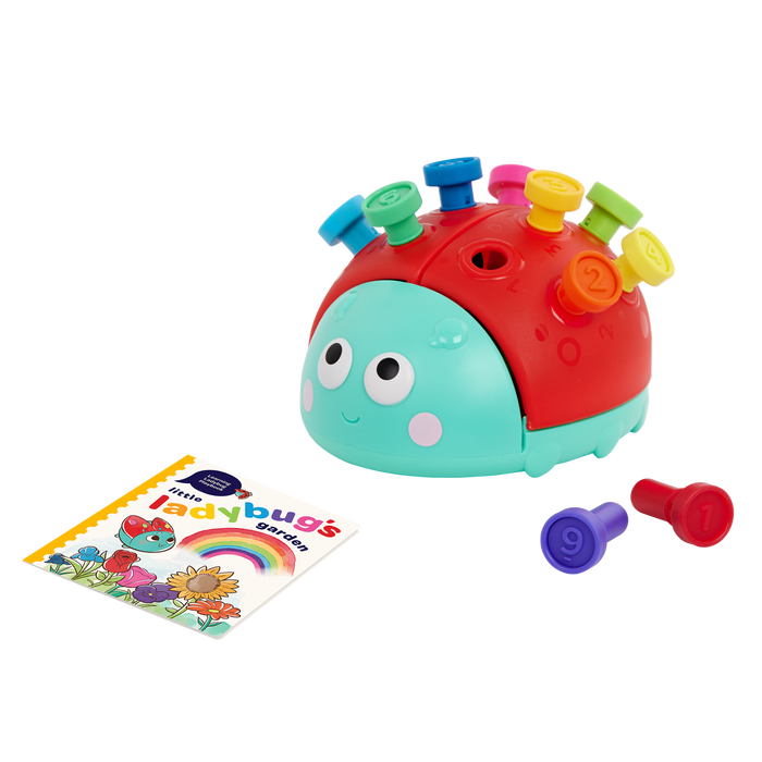Colorful ladybug peg toy with booklet.