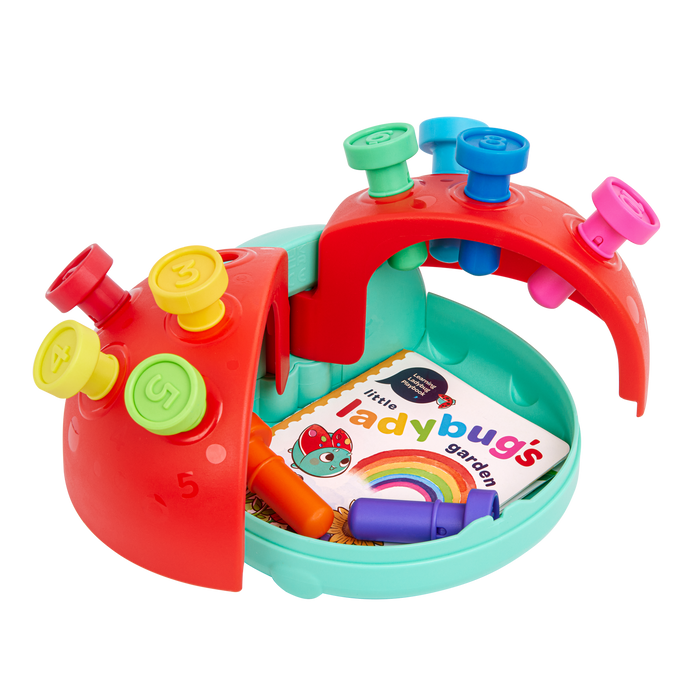 Colorful ladybug peg toy with booklet.