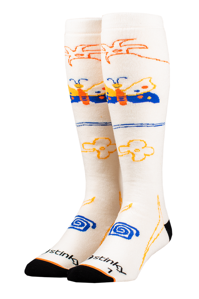 White socks with colorful designs on a white background
