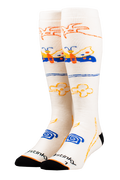 White socks with colorful designs on a white background