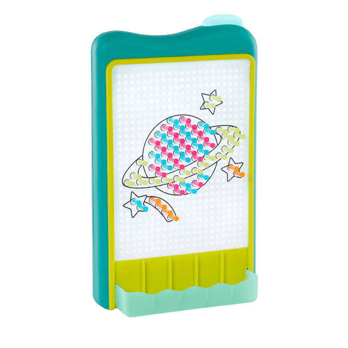 Peg board marble drop game for kids with lights and art sheets
