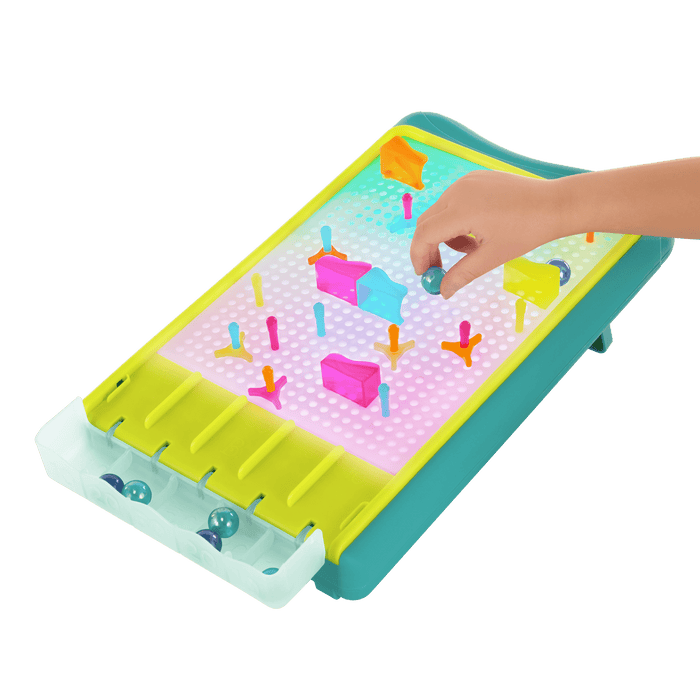 Peg board marble drop game for kids with lights and art sheets
