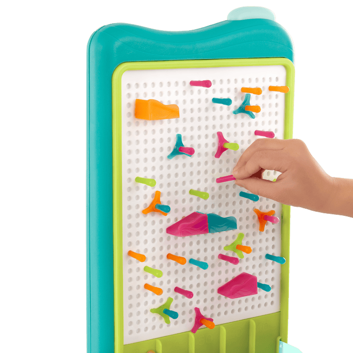 Peg board marble drop game for kids with lights and art sheets