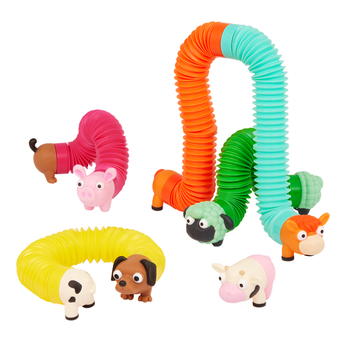 Stretchy toy animals including a horse, a cow, a sheep, a dog and a pig