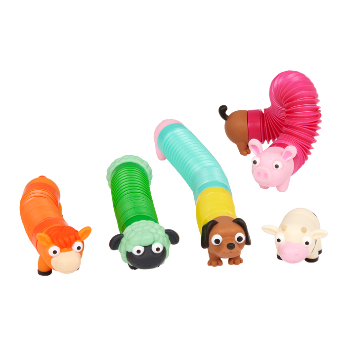 Stretchy toy animals including a horse, a cow, a sheep, a dog and a pig