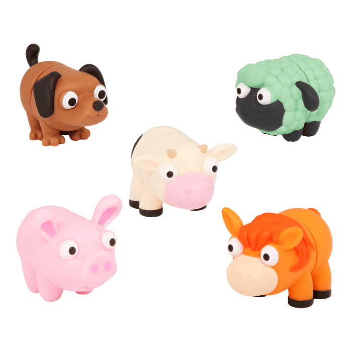Stretchy toy animals including a horse, a cow, a sheep, a dog and a pig