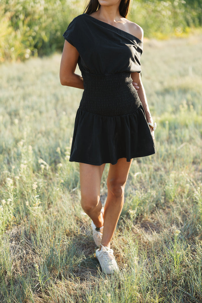 lila smocked Waist Boat Neck Dress