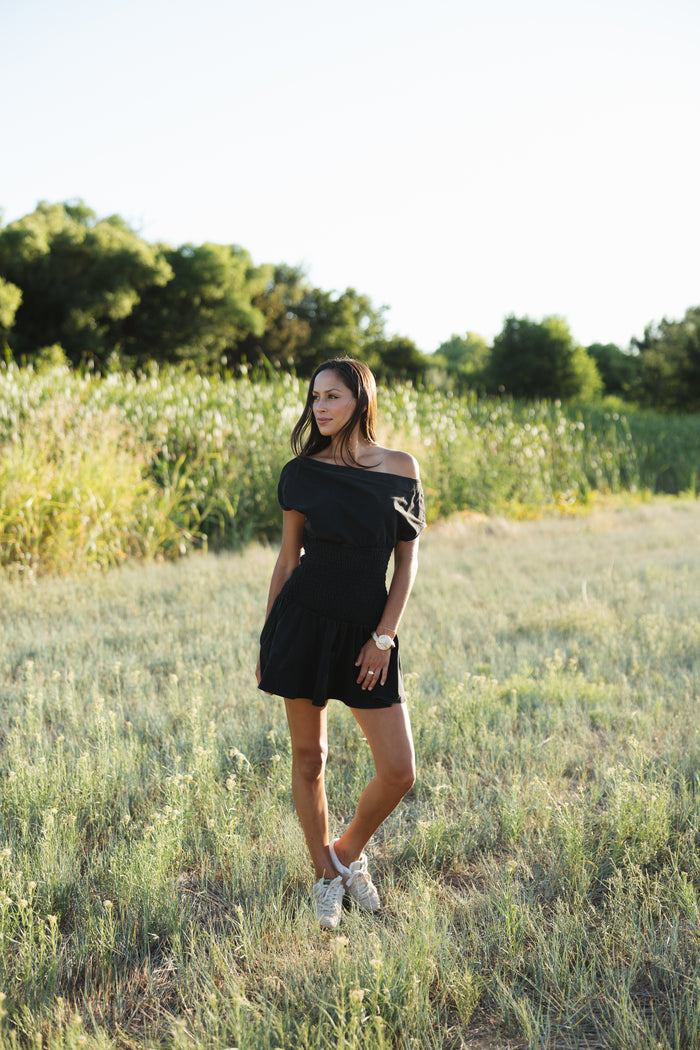 lila smocked Waist Boat Neck Dress