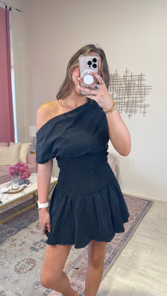 lila smocked Waist Boat Neck Dress