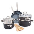 12-piece ceramic cookware set with pots, pans, glass lids, and bamboo utensils on a white background.
