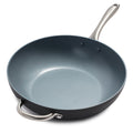 Gray ceramic nonstick wok with a long metal handle and opposite helper handle, 12.5-inch size.