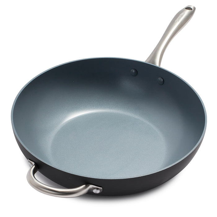 Gray ceramic nonstick wok with a long metal handle and opposite helper handle, 12.5-inch size.