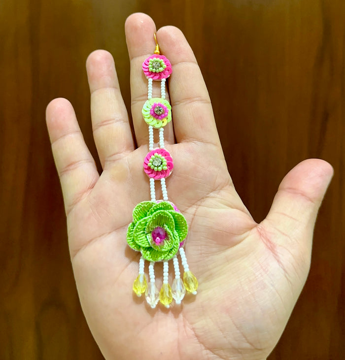 Lime Green & Pink Floral BRIDE Earring Tikka Set