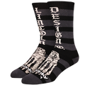 Black and gray striped socks with white text and design on a white background