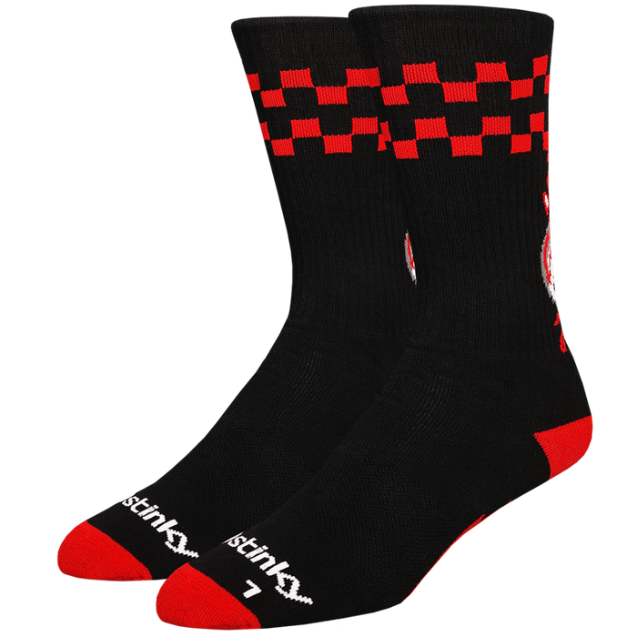 Black socks with red checkered pattern and accents on a white background