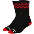 Black socks with red checkered pattern and accents on a white background