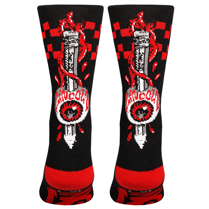 Black socks with red and white graphic design on a white background