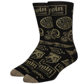Black socks with brand logo and text on a white background