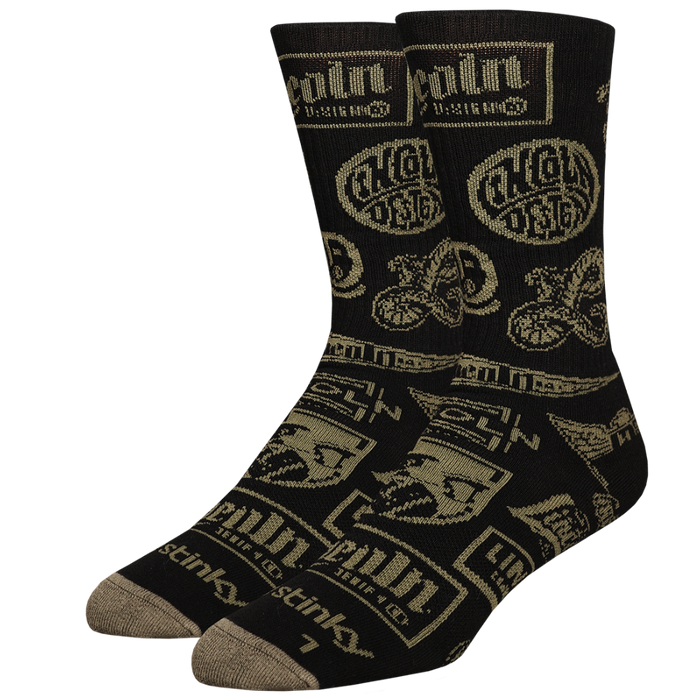 Black socks with brand logo and text on a white background