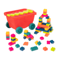 Colorful building blocks and a wagon.