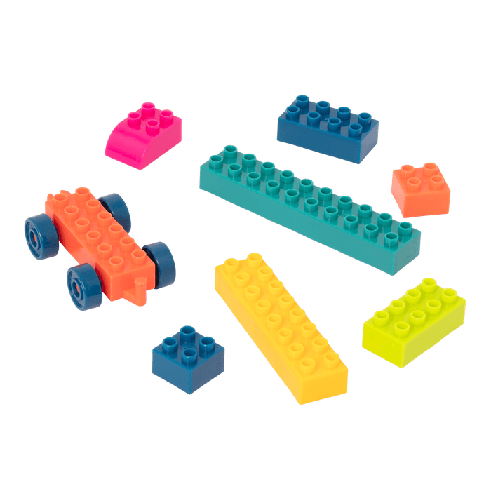 Colorful building blocks and a wagon.