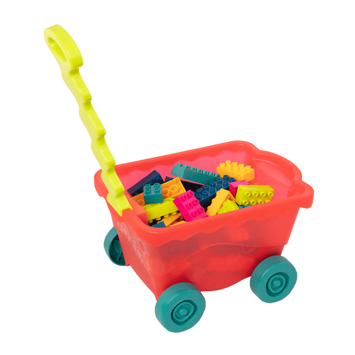 Colorful building blocks and a wagon.