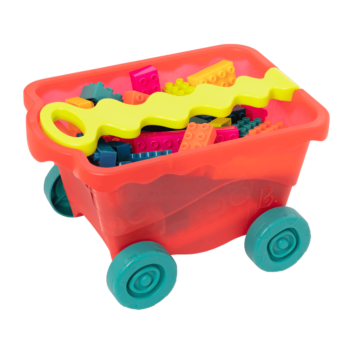 Colorful building blocks and a wagon.